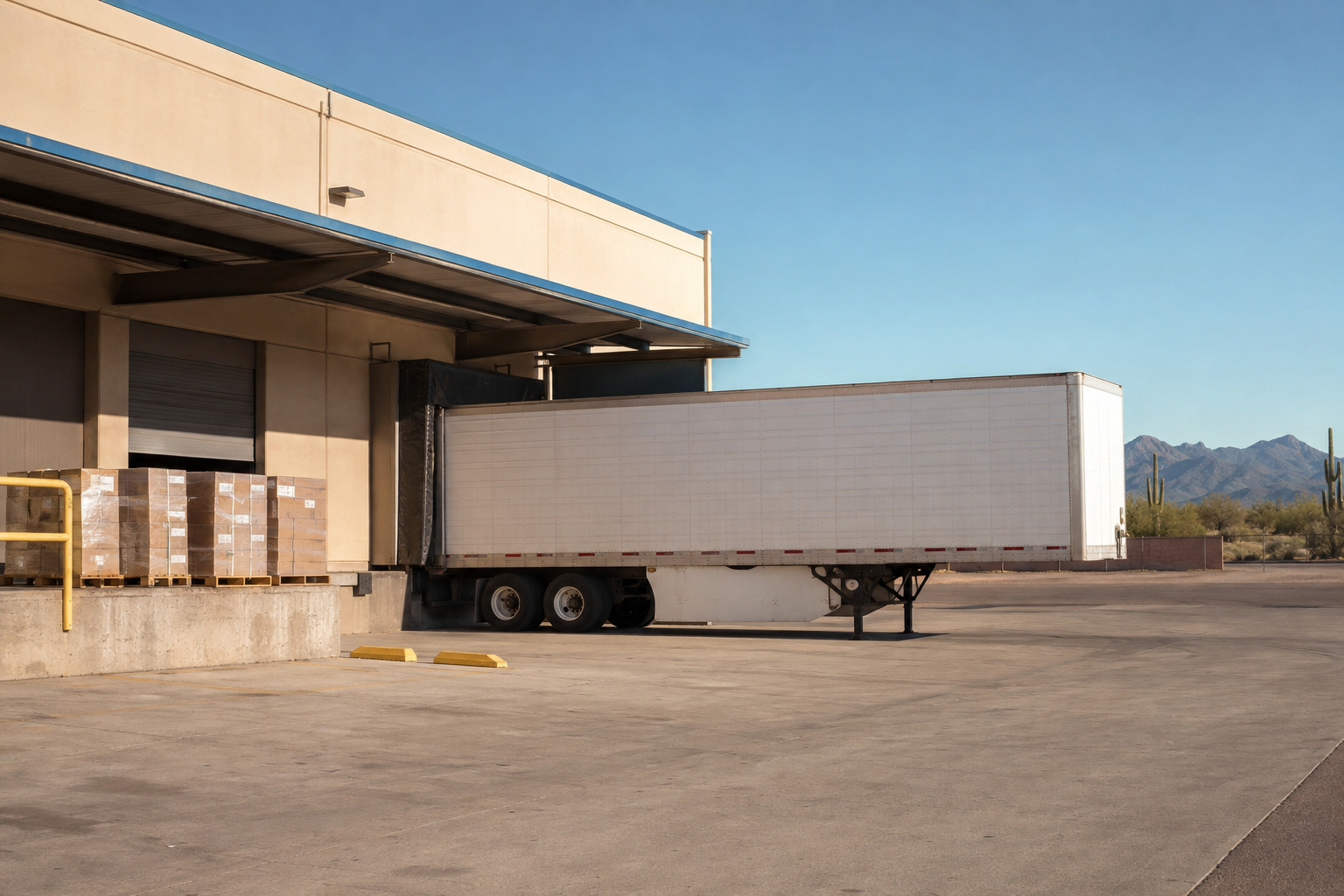 Unbranded trailer positioned at a warehouse loading dock in desert light
