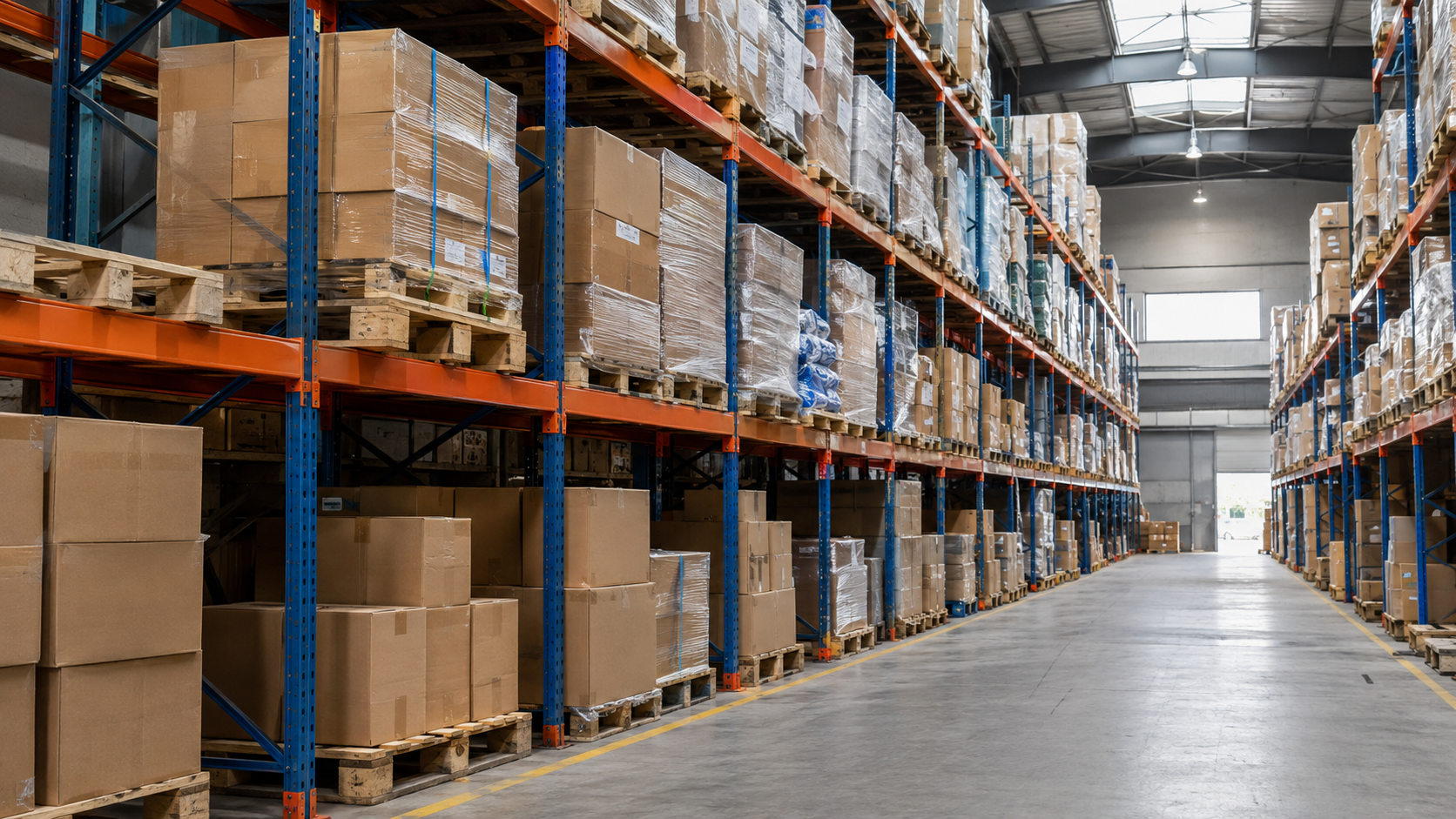 Warehouse aisle with pallet racks and packaged goods